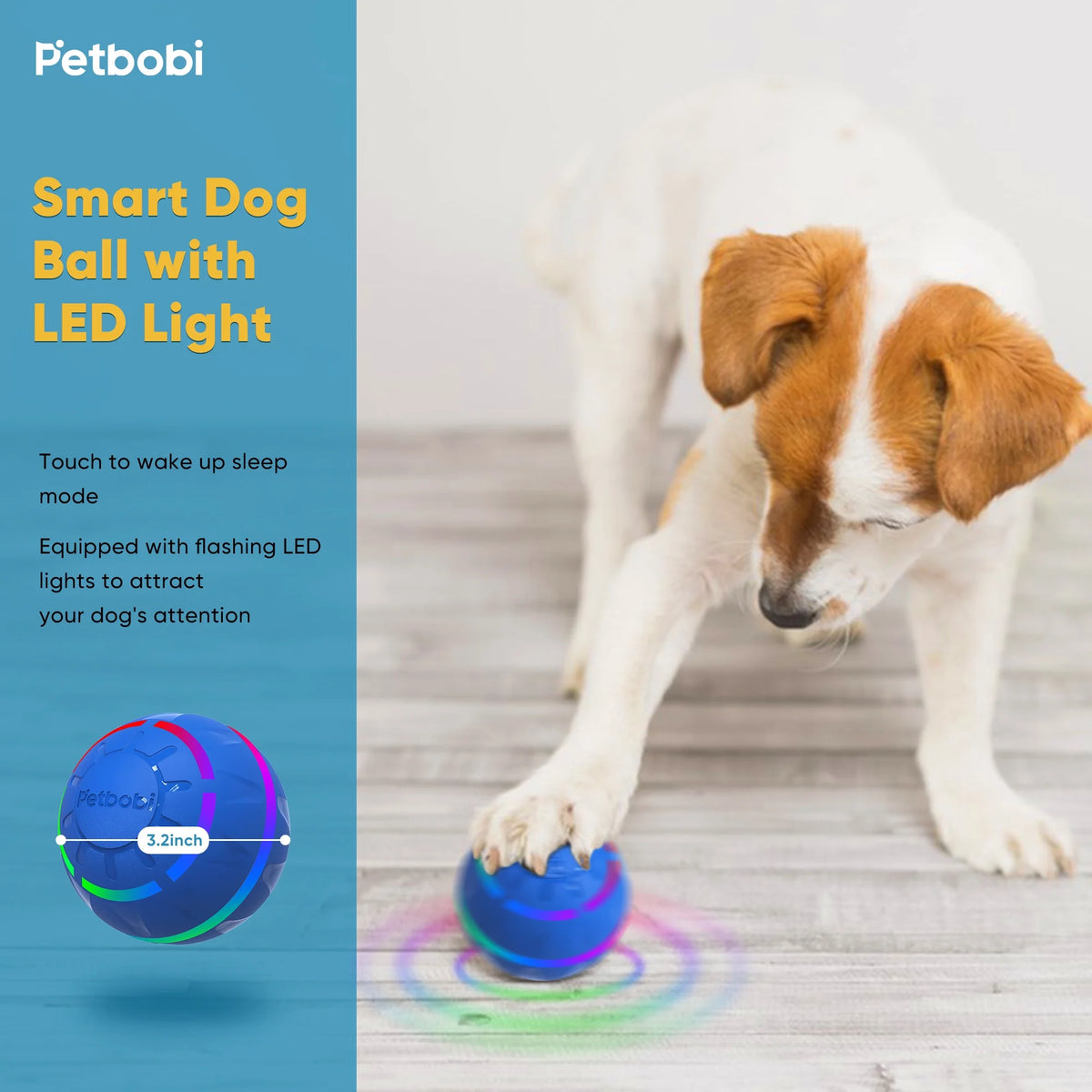 Interactive LED Dog Ball - Rechargeable Rolling Toy for Medium to Large Dogs, Features Flashing Lights and Bouncing Motion, Blue