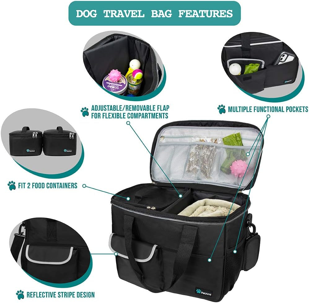 Dog Travel Organizer Tote for Pet Supplies - Medium Black Diaper Bag